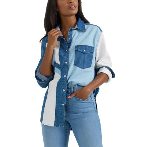 Wrangler Retro Women's Boyfriend Pieced Denim Western Snap Shirt in Blue