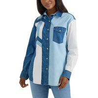 Wrangler Retro Women's Boyfriend Pieced Denim Western Snap Shirt in Blue