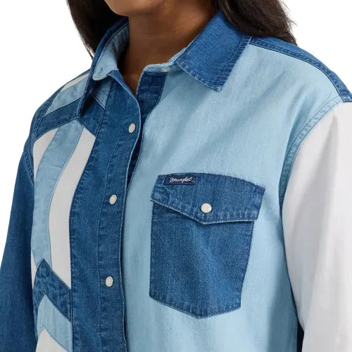 Wrangler Retro Women's Boyfriend Pieced Denim Western Snap Shirt in Blue