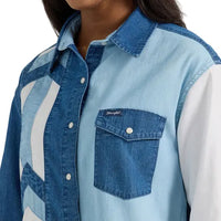 Wrangler Retro Women's Boyfriend Pieced Denim Western Snap Shirt in Blue