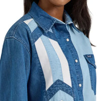 Wrangler Retro Women's Boyfriend Pieced Denim Western Snap Shirt in Blue