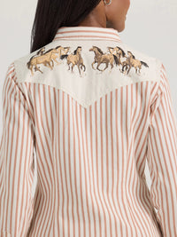 Wrangler Retro Women's L/S Horse Yoke Slim Western Snap Shirt in Tan Stripes