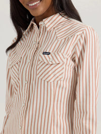 Wrangler Retro Women's L/S Horse Yoke Slim Western Snap Shirt in Tan Stripes