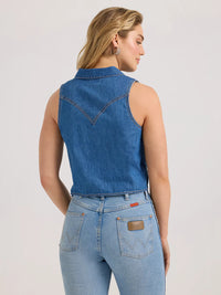 Wrangler Retro Women's Sleeveless Denim Tie Front Snap Shirt in Mid Wash