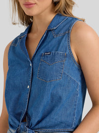 Wrangler Retro Women's Sleeveless Denim Tie Front Snap Shirt in Mid Wash