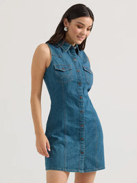 Wrangler Retro Women's Sleeveless Western Snap Shirt Dress in Dark Wash