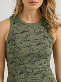 Wrangler Retro Women's Horse Print Slim Goddess Tank in Olive Green