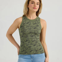 Wrangler Retro Women's Horse Print Slim Goddess Tank in Olive Green