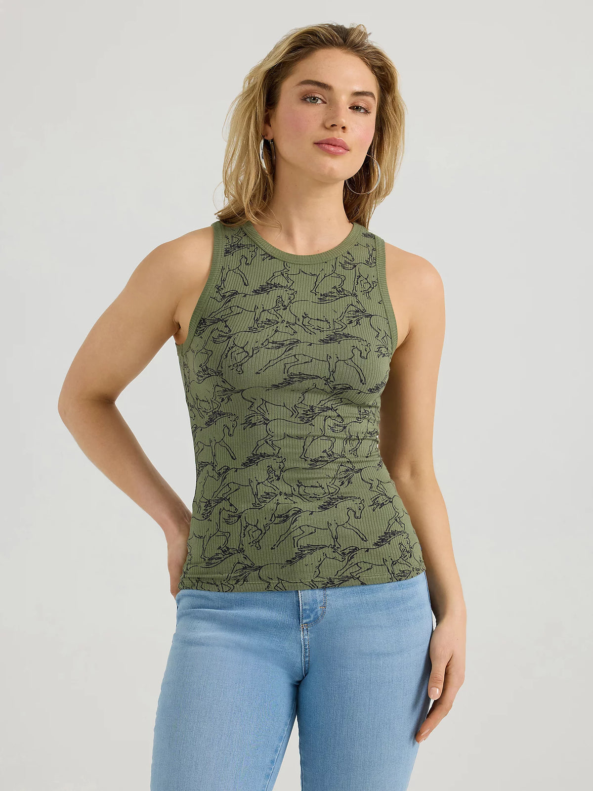 Wrangler Retro Women's Horse Print Slim Goddess Tank in Olive Green