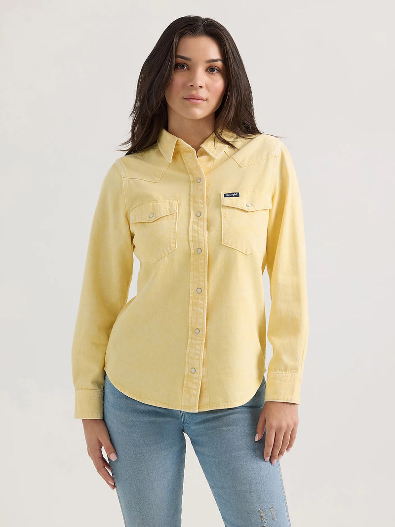 Wrangler Retro Women's L/S Colorwash Denim Western Snap Shirt in Yellow