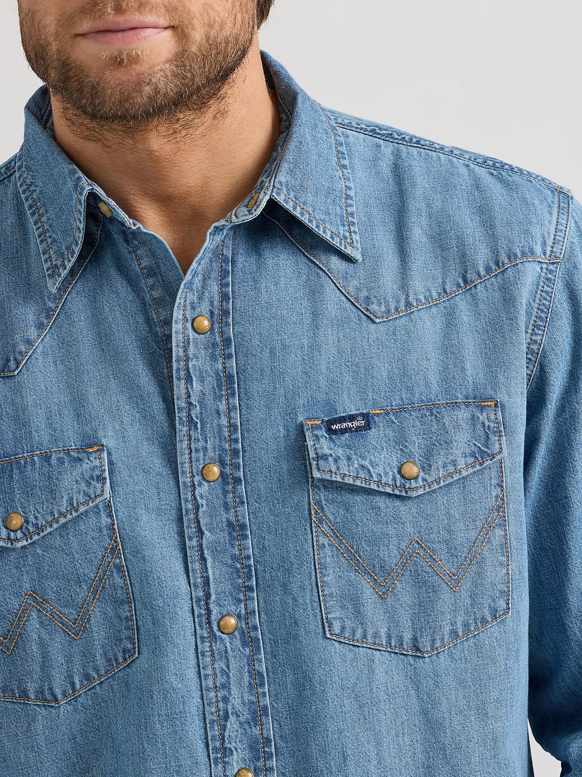 Wrangler Men's L/S Classic Denim Western Snap Shirt in Light Wash (Tall Sizes Available)