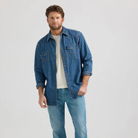 Wrangler Men's L/S Classic Denim Western Snap Shirt in Mid Wash (Tall Sizes Available)