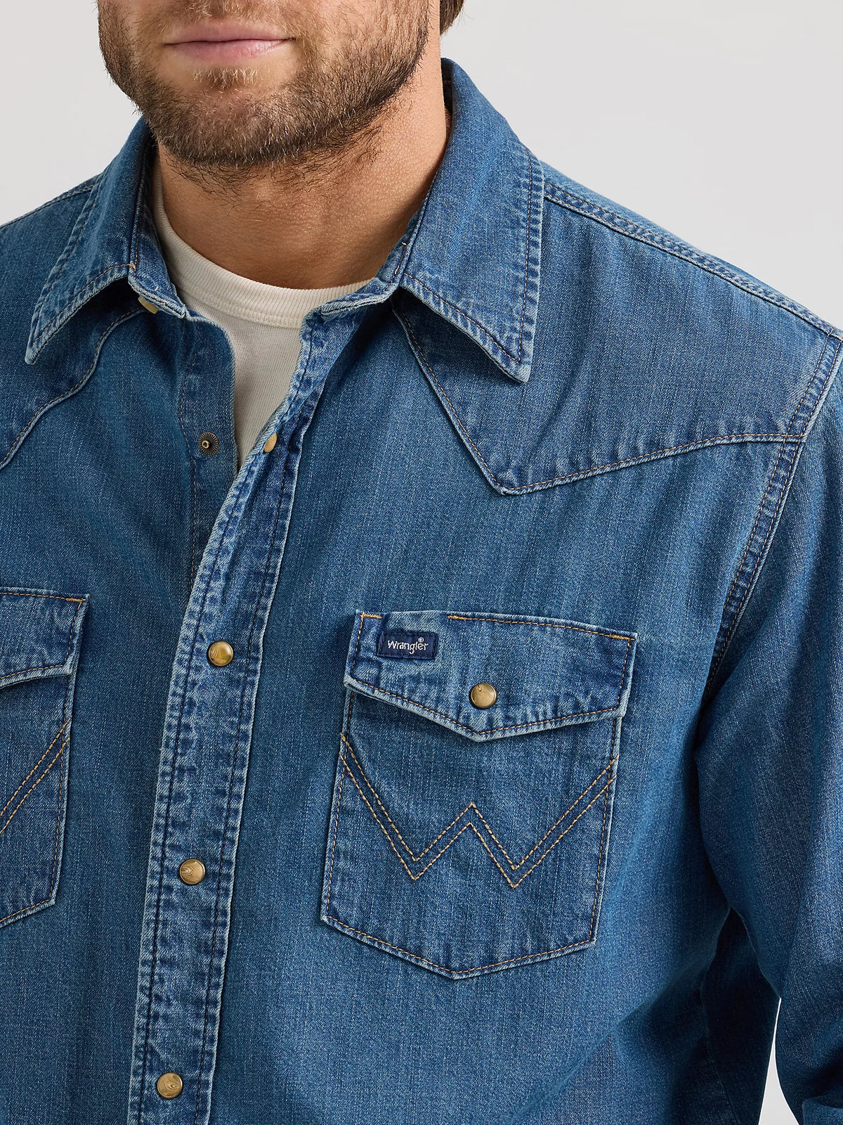 Wrangler Men's L/S Classic Denim Western Snap Shirt in Mid Wash (Tall Sizes Available)