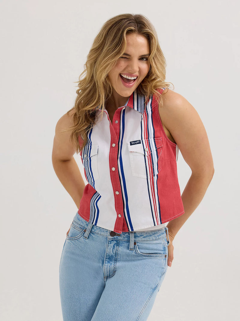 Wrangler Women's Retro Americana Brushpopper Crop Tank in Red, White, and Blue