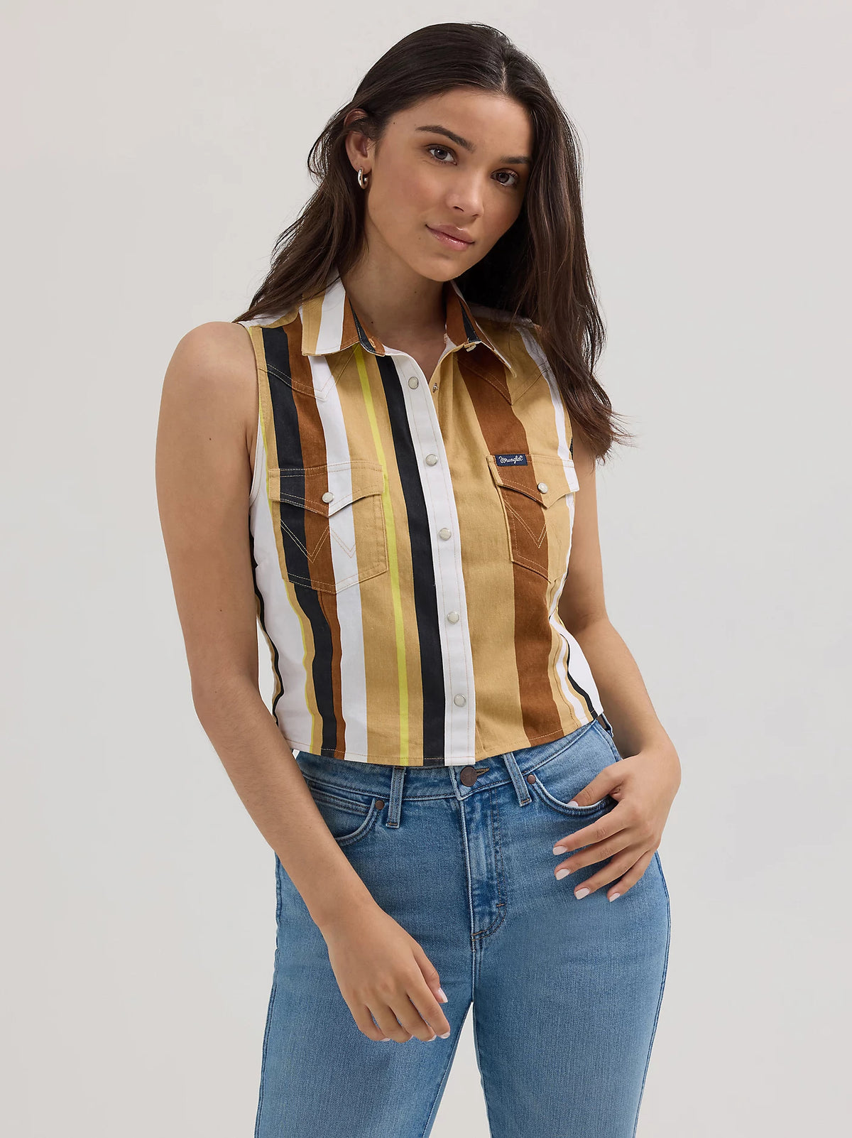 Wrangler Women's Retro Western Brushpopper Crop Tank in Tan and White
