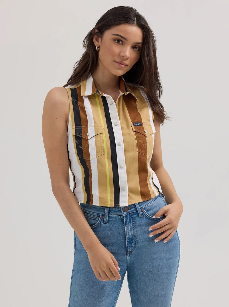 Wrangler Women's Retro Western Brushpopper Crop Tank in Tan and White
