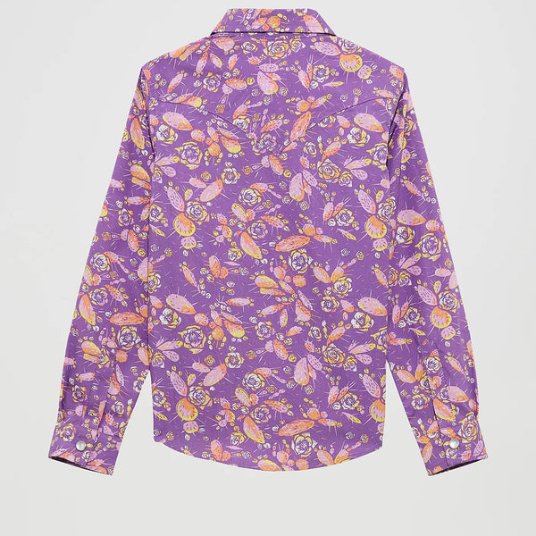 Wrangler Girl's L/S Cacti Floral Western Snap Shirt in Purple