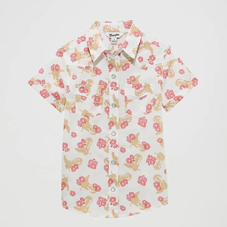 Wrangler Girl's S/S Floral Western Snap Shirt in Floral Boots