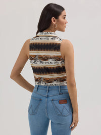 Wrangler Retro Women's Sleeveless Bold Graphic Tie Front Button Down Shirt in Horse Stripe