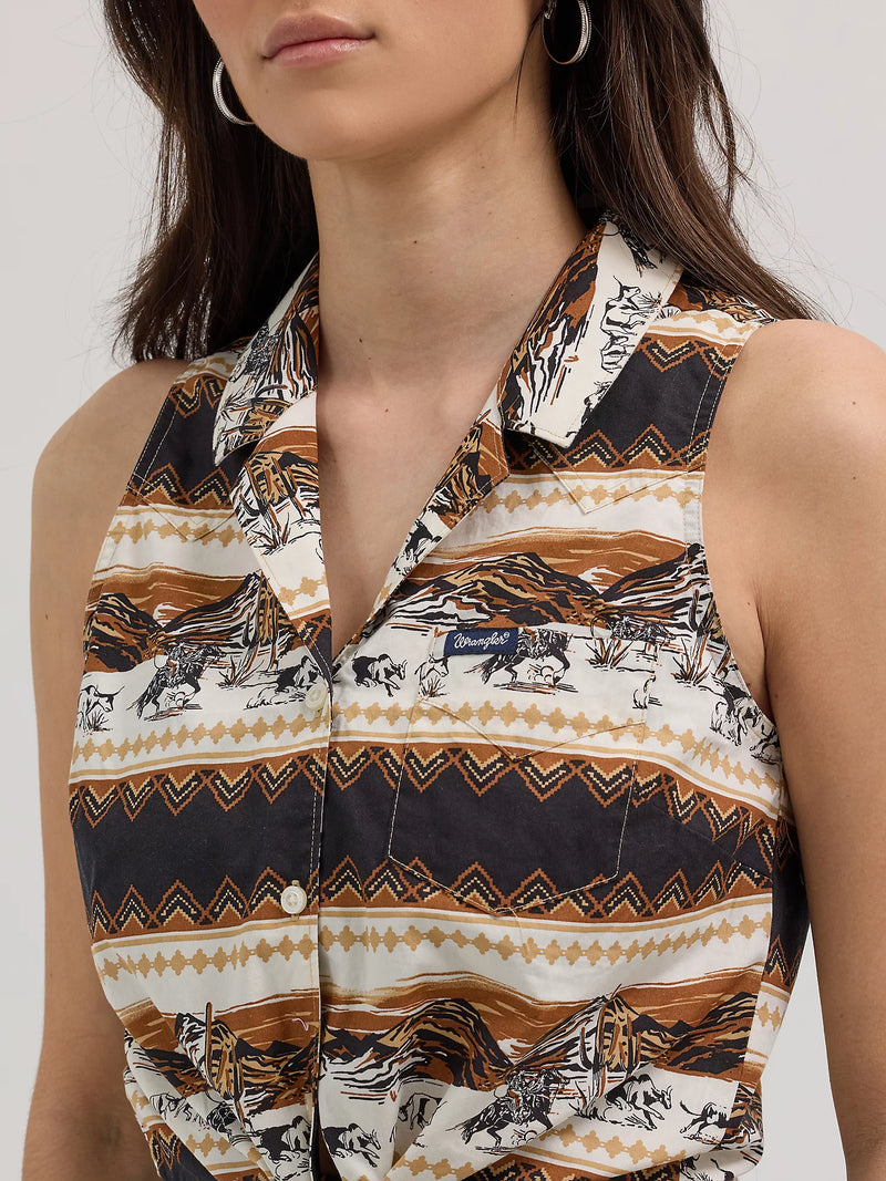 Wrangler Retro Women's Sleeveless Bold Graphic Tie Front Button Down Shirt in Horse Stripe