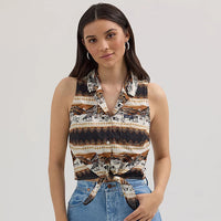 Wrangler Retro Women's Sleeveless Bold Graphic Tie Front Button Down Shirt in Horse Stripe