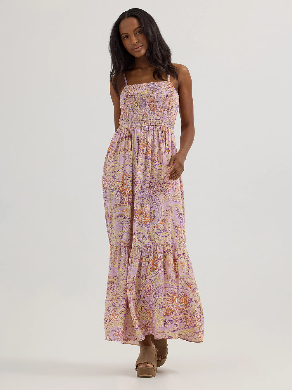 Wrangler Women's Pastel Paisley Smocked Bodice Maxi Dress M