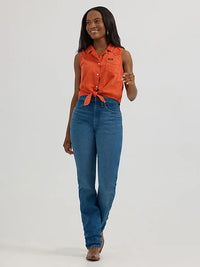 Wrangler Retro Women's Sleeveless Tie Front Camp Shirt in Burnt Orange
