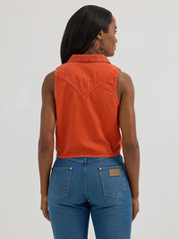 Wrangler Retro Women's Sleeveless Tie Front Camp Shirt in Burnt Orange