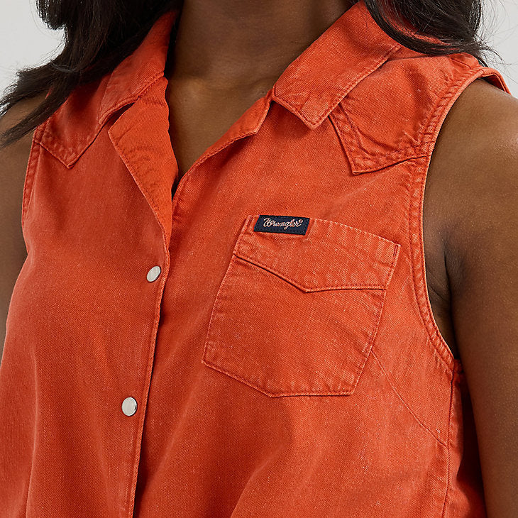 Wrangler Retro Women's Sleeveless Tie Front Camp Shirt in Burnt Orange