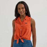 Wrangler Retro Women's Sleeveless Tie Front Camp Shirt in Burnt Orange