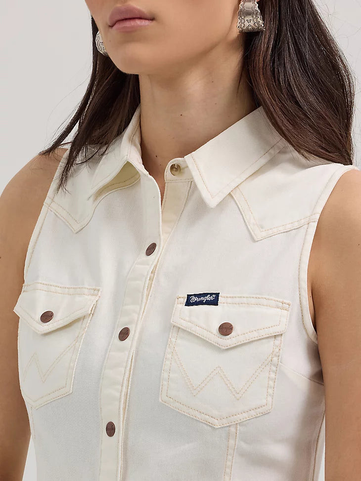 Wrangler Retro Women's Sleeveless Western Snap Shift Dress in White