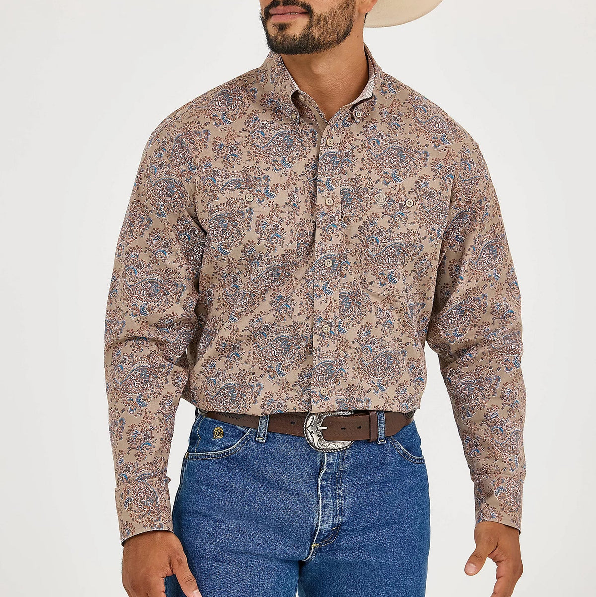 Wrangler Men's L/S George Strait Paisley Button Down Shirt in Bold Brown