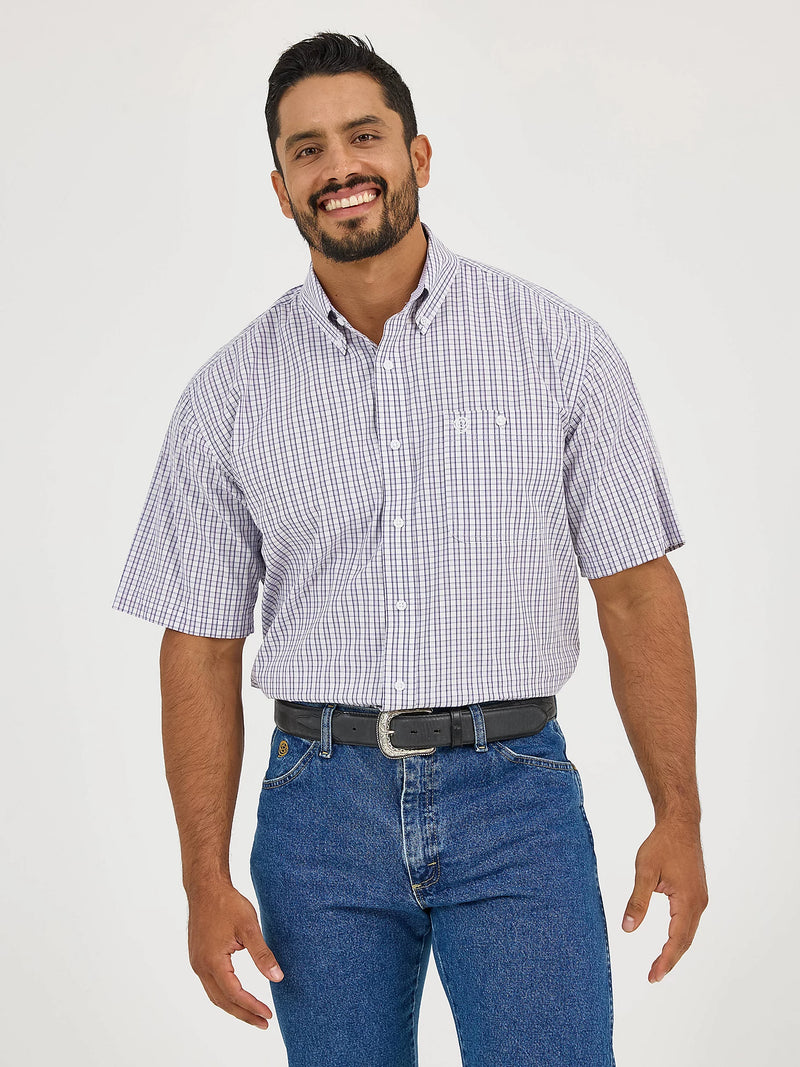 Wrangler Men's S/S George Strait Checkered Button Down Shirt in Violet Check