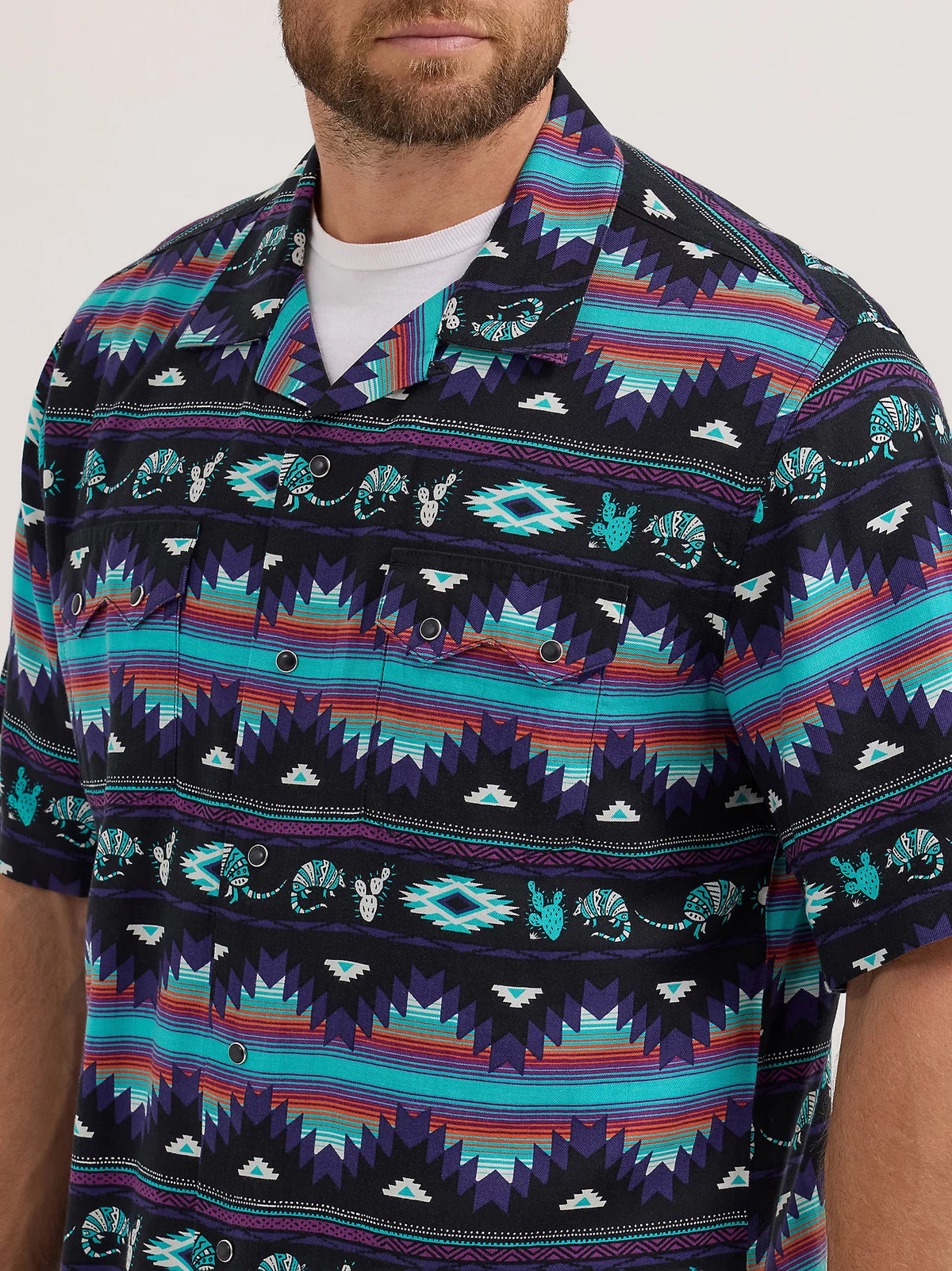 Wrangler Men's S/S Coconut Cowboy Snap Front Camp Shirt in Black Armadillo