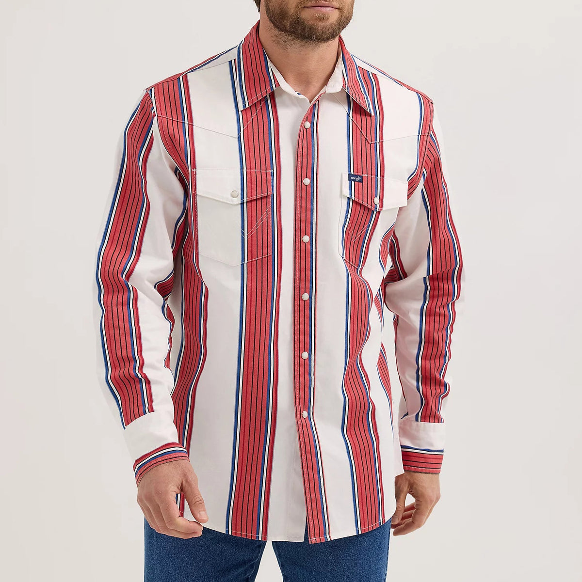Wrangler Men's L/S Vintage Inspired Brushpopper Western Snap Work Shirt in Cherry Stripe