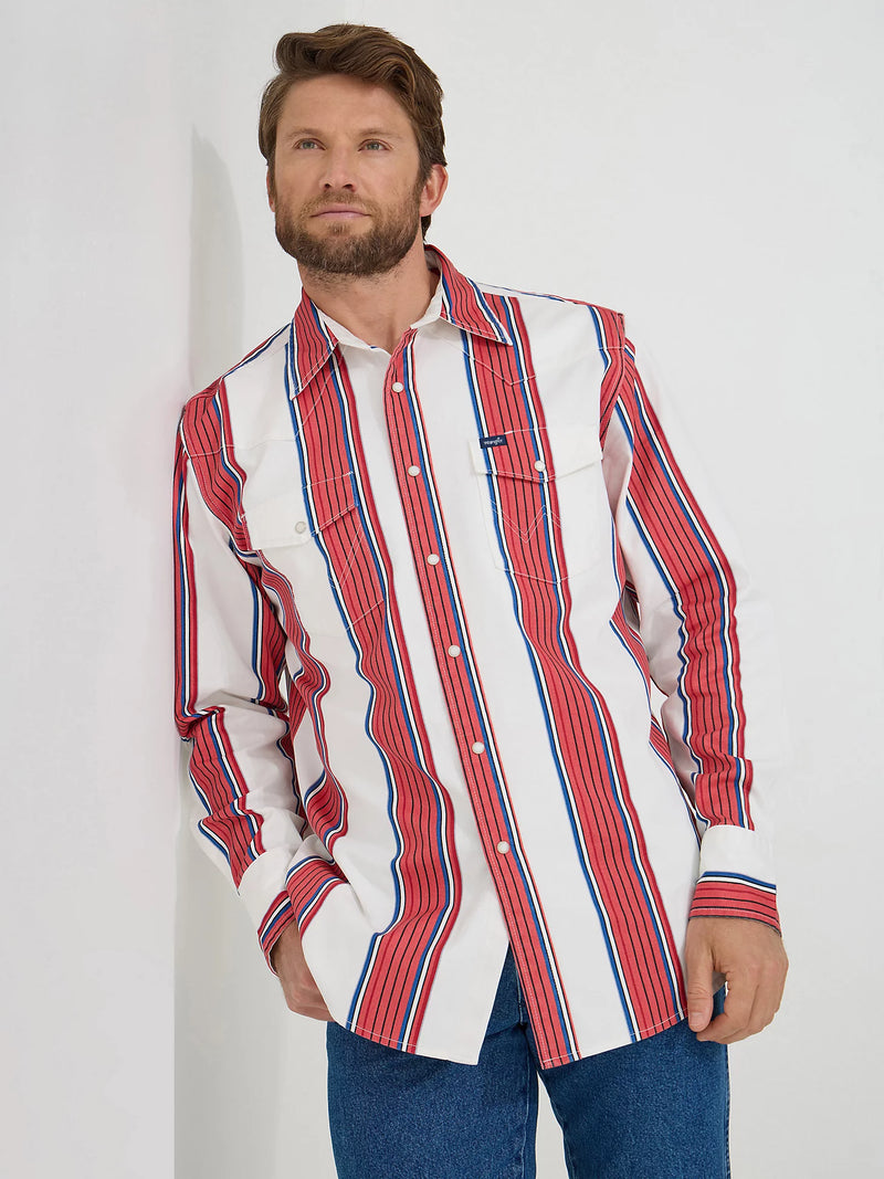 Wrangler Men's L/S Vintage Inspired Brushpopper Western Snap Work Shirt in Cherry Stripe