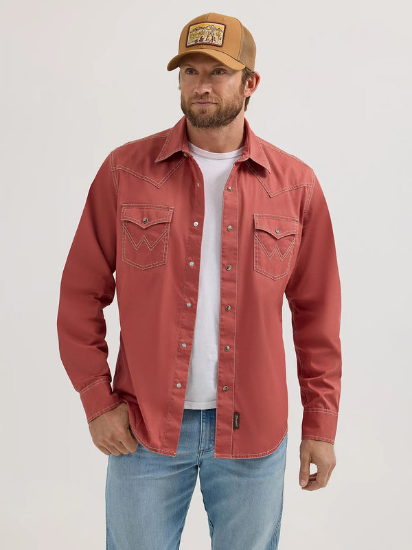 Wrangler Retro Men's L/S Premium Solid Western Snap Shirt in Sunset Orange (Available in Tall Sizes)