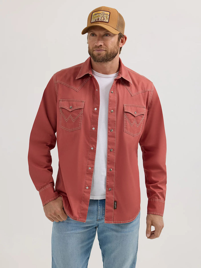 Wrangler Retro Men's L/S Premium Solid Western Snap Shirt in Sunset Orange (Available in Tall Sizes)
