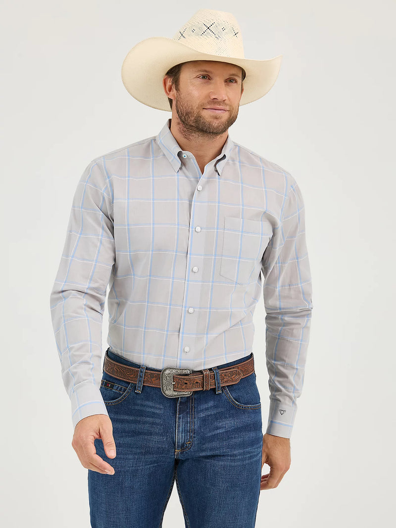 Wrangler Men's L/S Cody Johnson Checkered Plaid Button Down Shirt in Gray