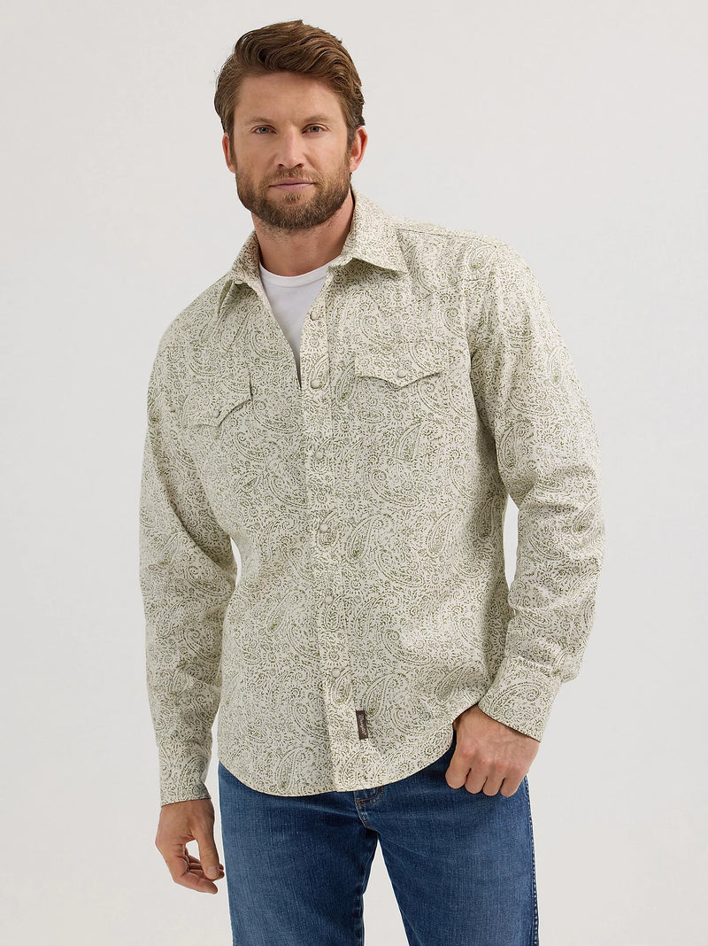 Wrangler Retro Men's L/S Premium Paisley Western Snap Shirt in Olive (Available in Tall Sizes)