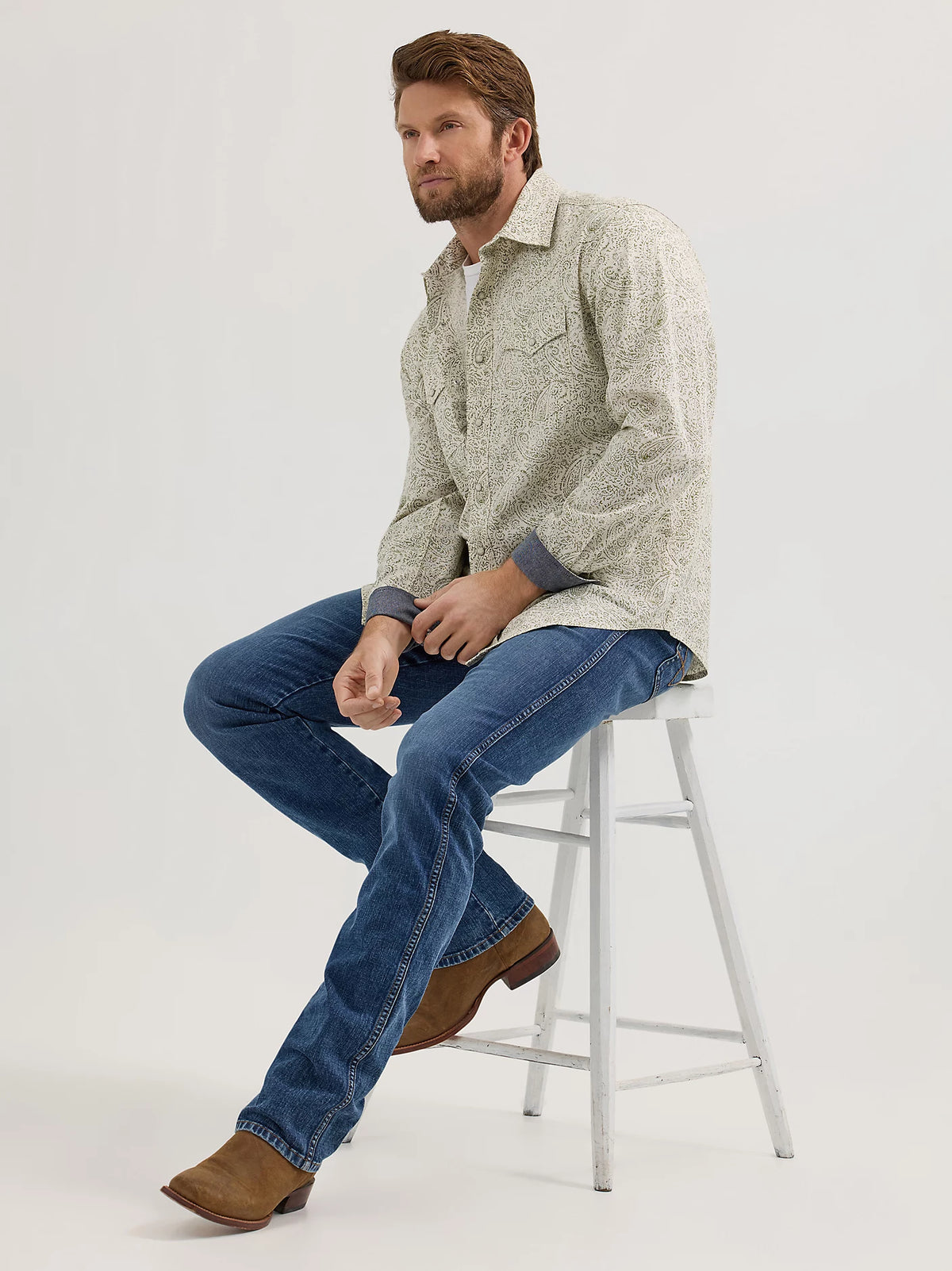 Wrangler Retro Men's L/S Premium Paisley Western Snap Shirt in Olive (Available in Tall Sizes)