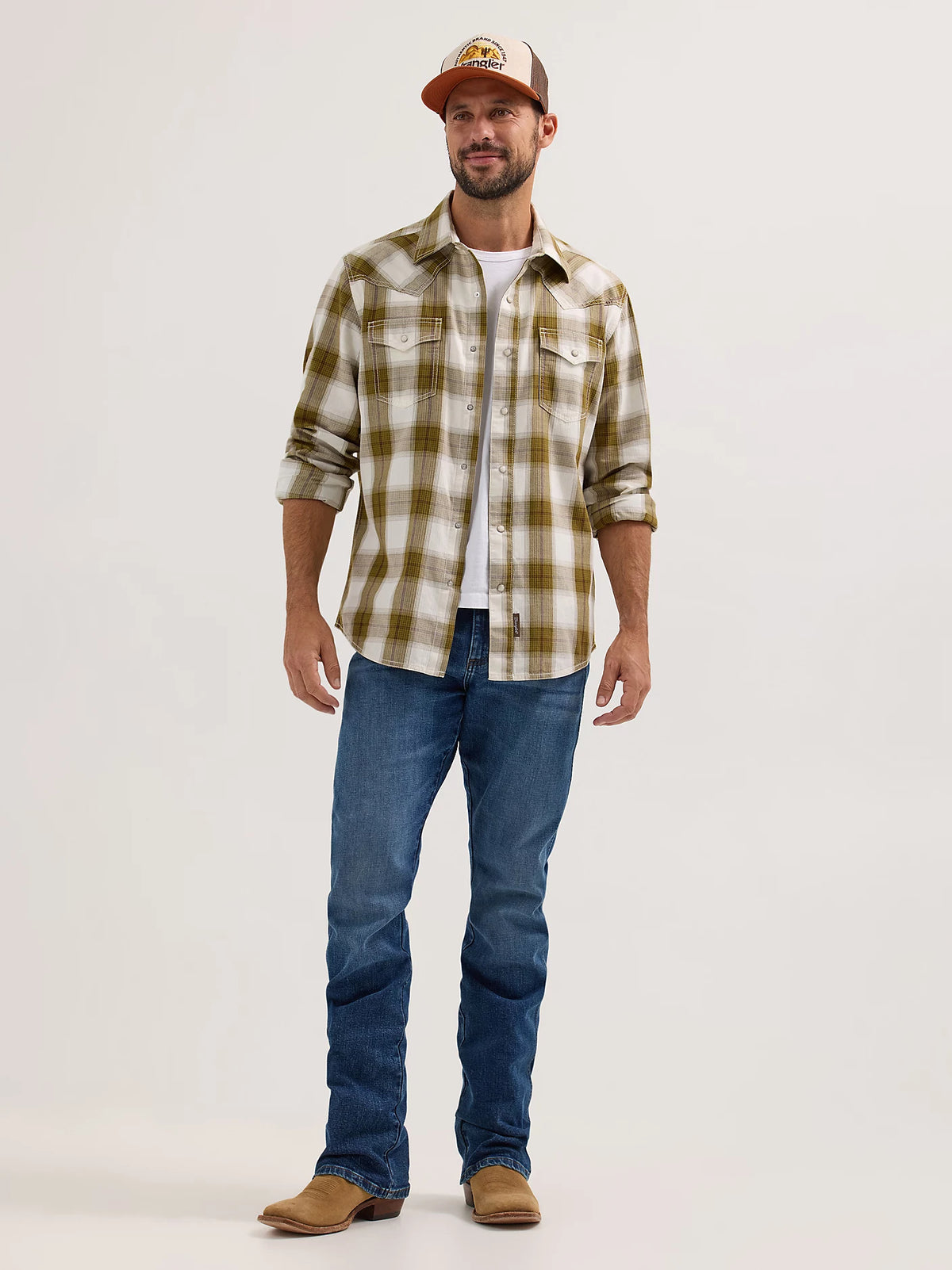 Wrangler Retro Men's L/S Premium Plaid Western Snap Shirt in Olive