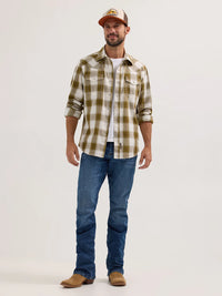 Wrangler Retro Men's L/S Premium Plaid Western Snap Shirt in Olive