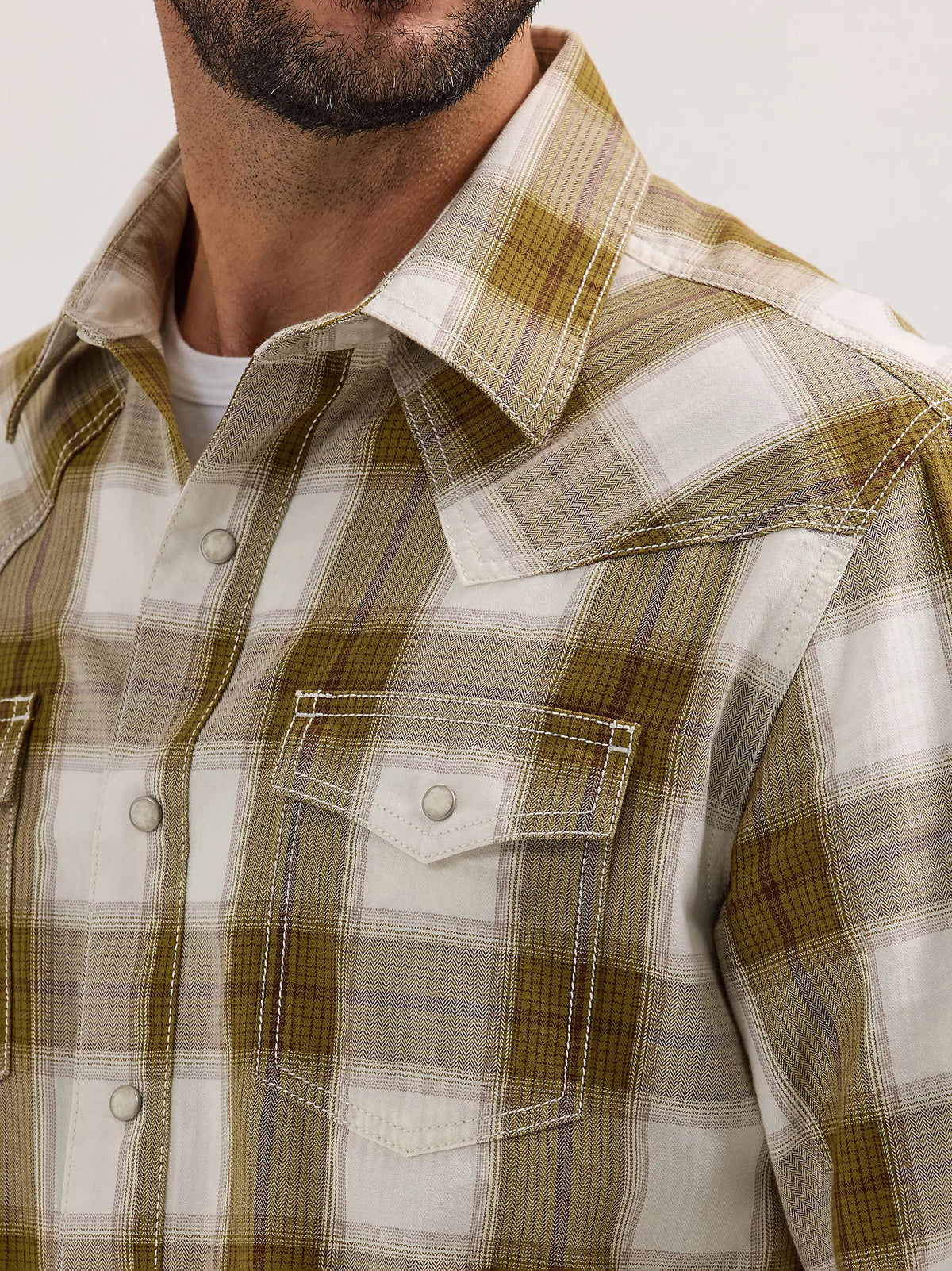 Wrangler Retro Men's L/S Premium Plaid Western Snap Shirt in Olive
