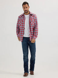 Wrangler Retro Men's L/S Sawtooth Pocket Plaid Western Snap Shirt in Cherry Red (Available in Tall Sizes)