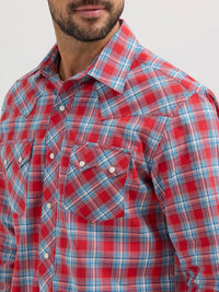 Wrangler Retro Men's L/S Sawtooth Pocket Plaid Western Snap Shirt in Cherry Red (Available in Tall Sizes)