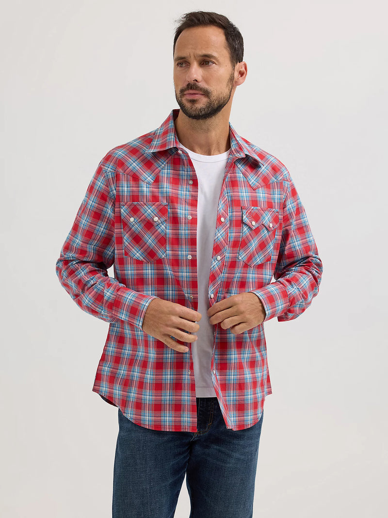 Wrangler Retro Men's L/S Sawtooth Pocket Plaid Western Snap Shirt in Cherry Red (Available in Tall Sizes)