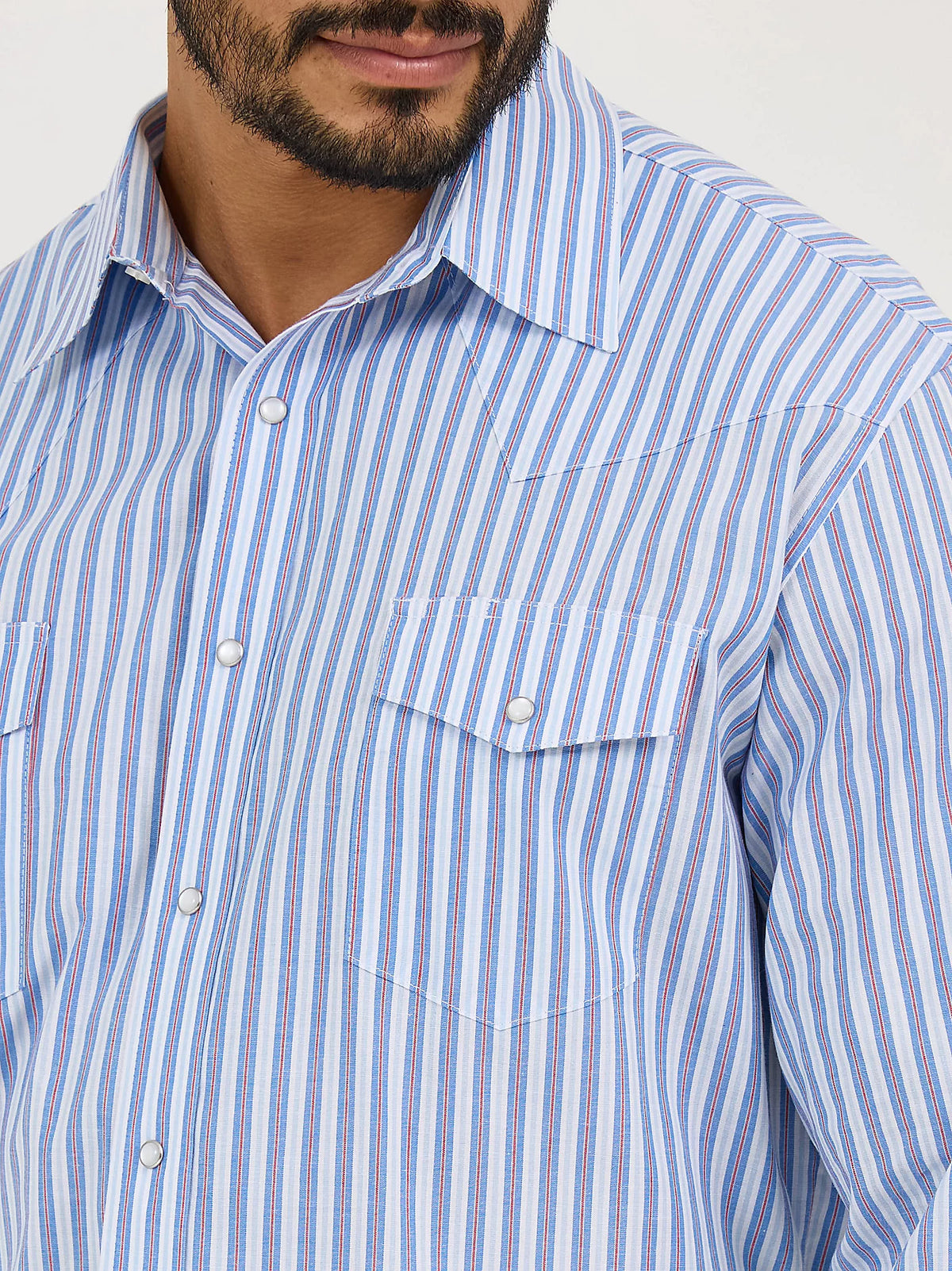 Wrangler Men's L/S Wrinkle Resist Striped Western Snap Shirt in Bold Blues (Available in Big & Tall Sizes)