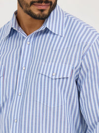 Wrangler Men's L/S Wrinkle Resist Striped Western Snap Shirt in Bold Blues (Available in Big & Tall Sizes)