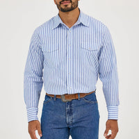 Wrangler Men's L/S Wrinkle Resist Striped Western Snap Shirt in Bold Blues (Available in Big & Tall Sizes)